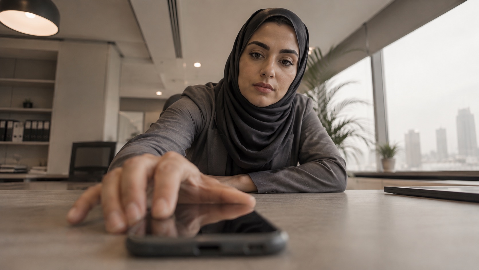 A pharma professional using a phone at a desk in a Gulf office