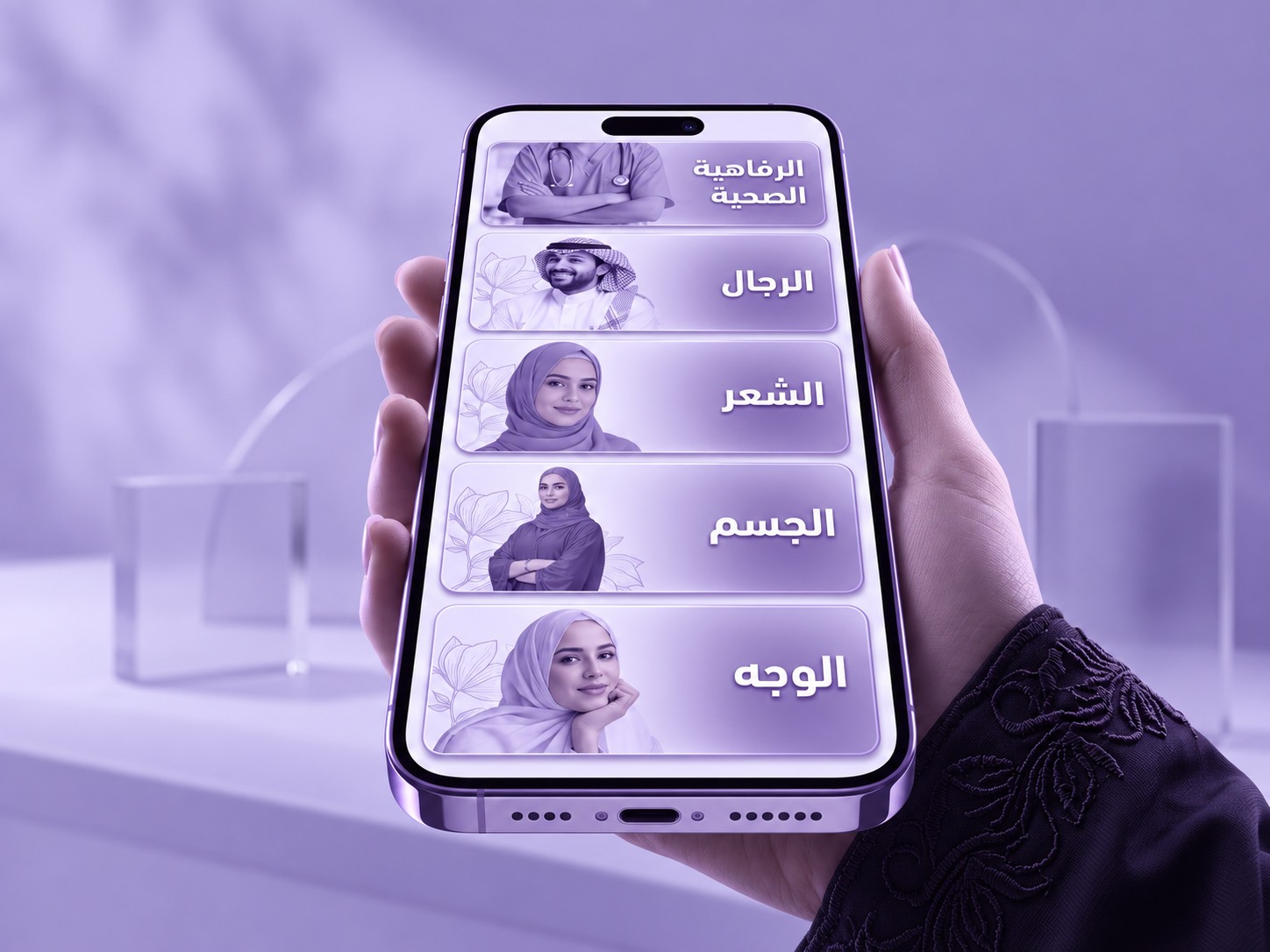 The Allure mobile menu — services grouped by concern: wellness, men, hair, body, face